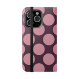 iPhone 16 Pro Peňaženkový Kryt z vegánskej kože – dizajn Pink Plum Polka Dot