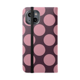iPhone 14 Peňaženkový Kryt z vegánskej kože – dizajn Pink Plum Polka Dot