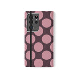 Samsung Galaxy S21 Ultra – peňaženkový kryt z vegánskej kože – Pink Plum Polka Dot Design