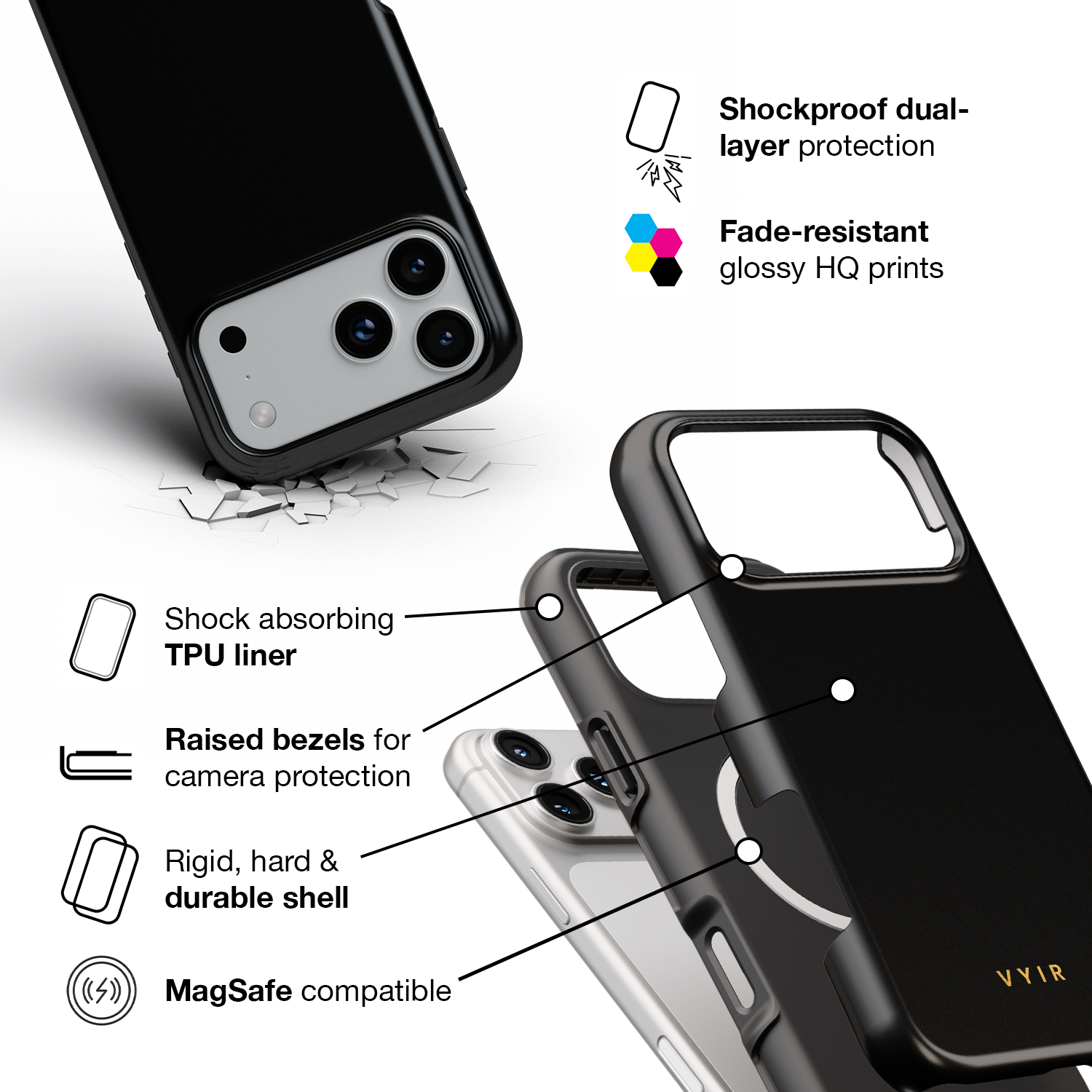 VYIR Signature Solid Colors, Black - Shockproof MagSafe iPhone Case - VYIR