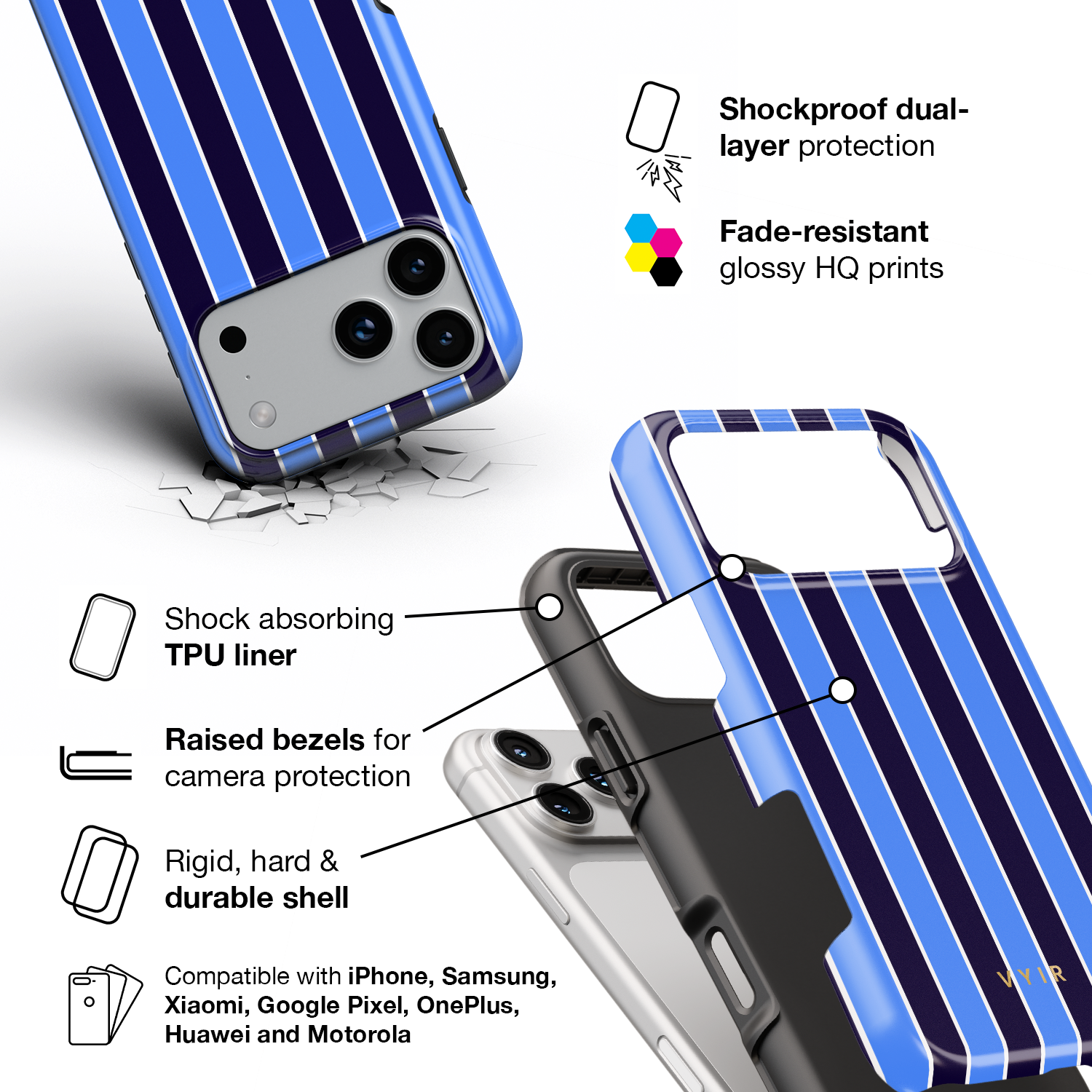 Vertical Stripes, Rivoli Blue - Shockproof Phone Case - VYIR