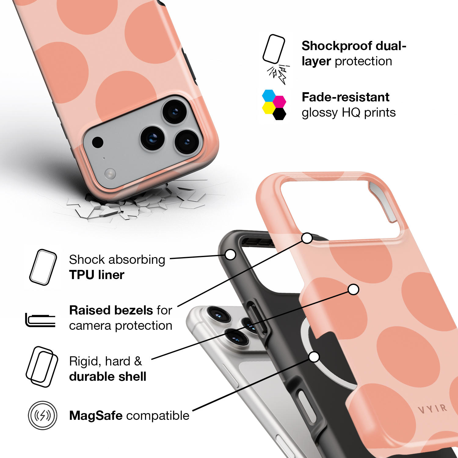Big Polka Dots, Peach Pop - Shockproof MagSafe iPhone Case - VYIR