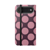 iPhone 17 Air Peňaženkový Kryt z vegánskej kože – dizajn Pink Plum Polka Dot